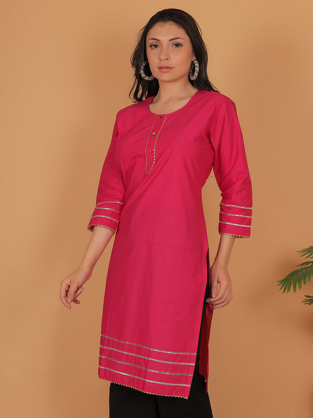 Women Pink Cotton Straight Kurti with Golden Detailing