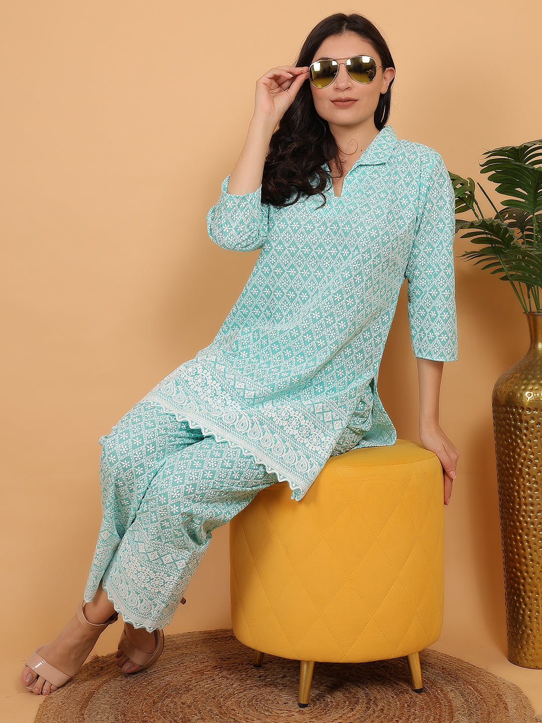 Aqua Green Ethnic Chikan embroidery Cotton Co-ord Set