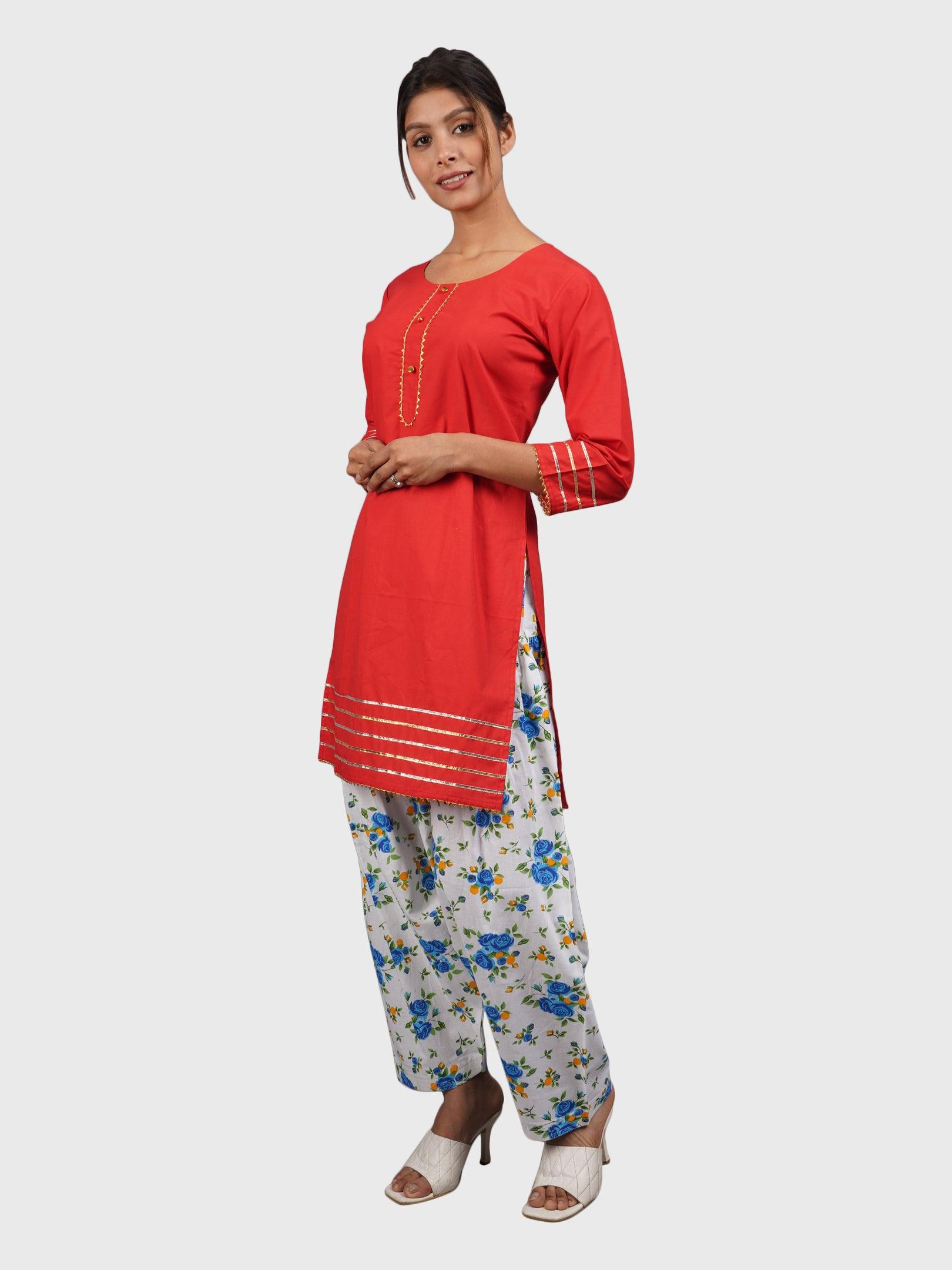 Women Plain Red Kurta with Printed Sky Blue Salwar and Dupatta