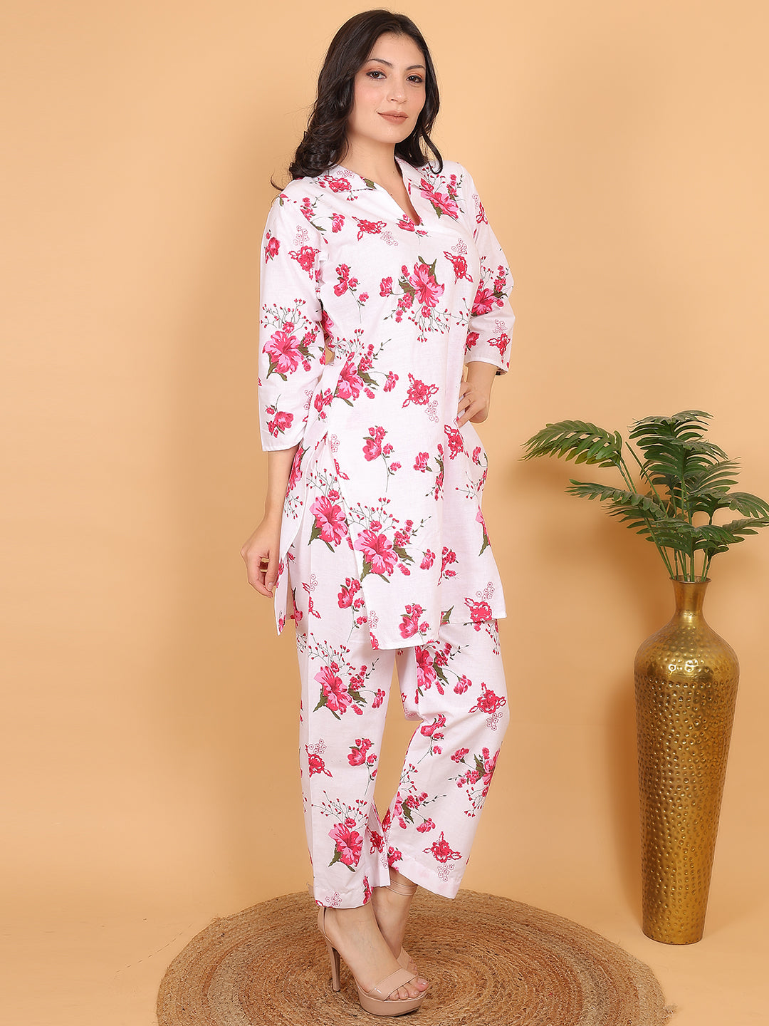Women Red Floral Printed Cotton Coord Set with 3/4 Sleeves