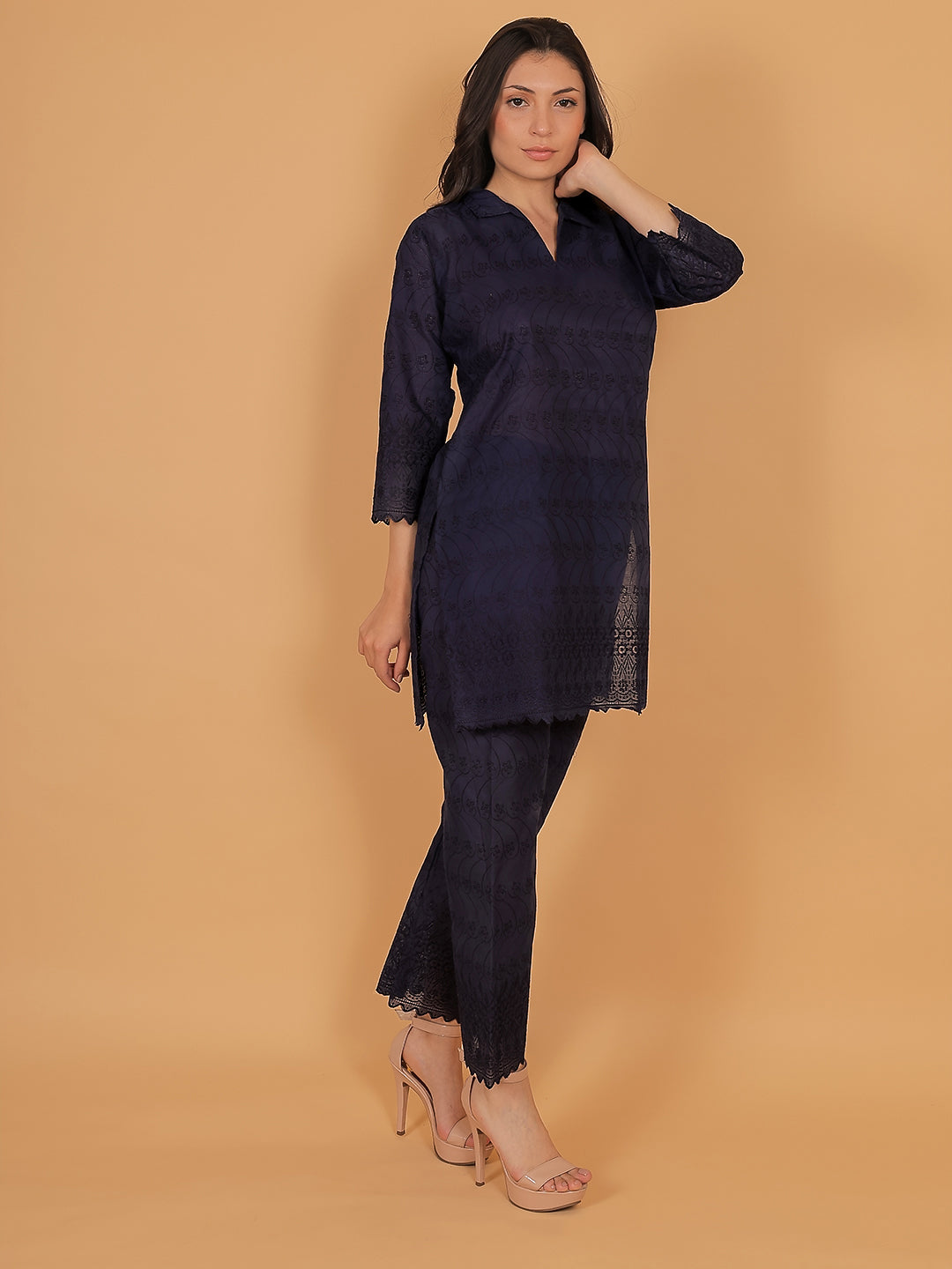 Navy Blue Ethnic Chikan Embroidery Cotton Coord Set