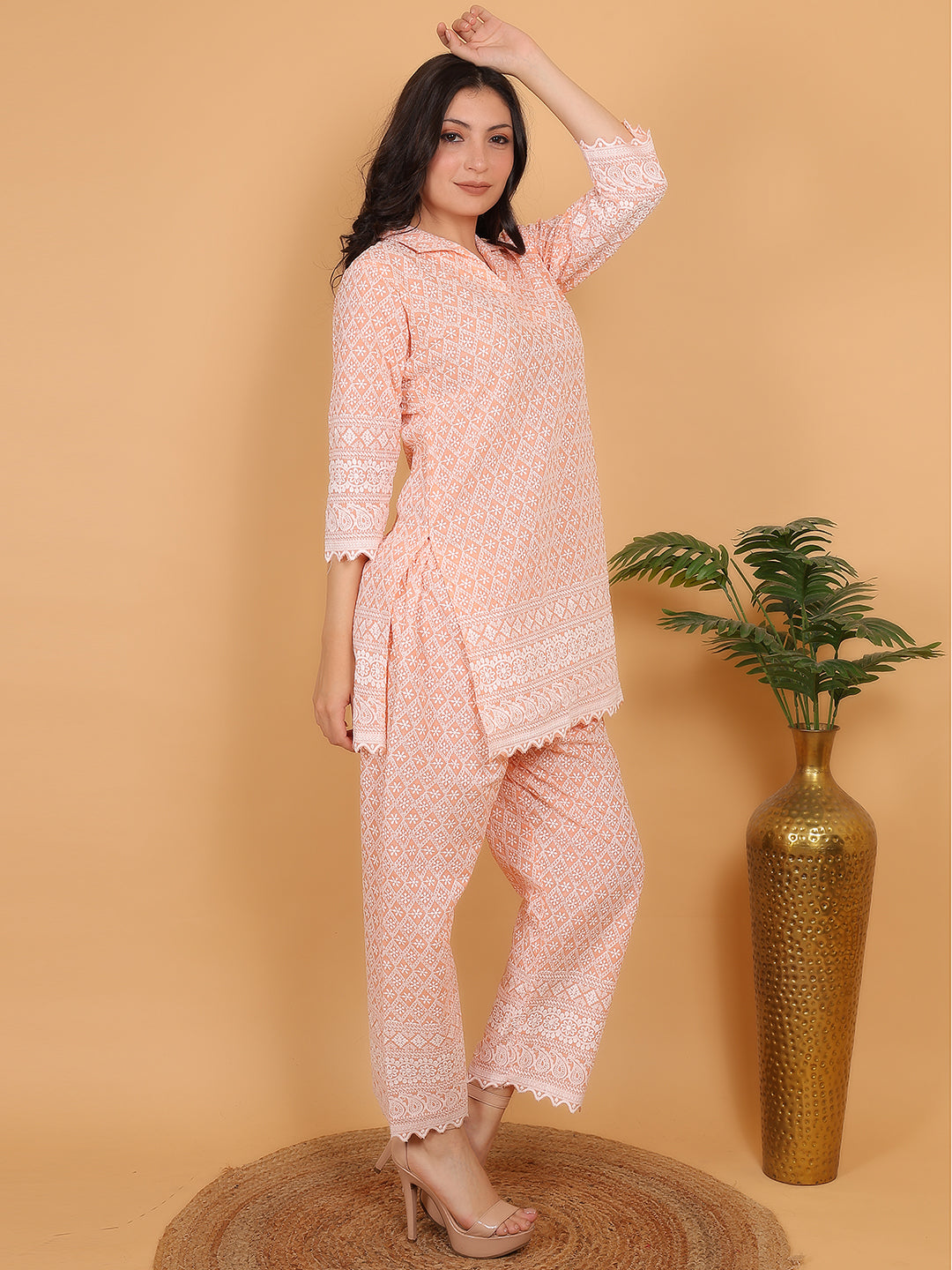 Peach Ethnic Chikan Embroidery Cotton Coord Set