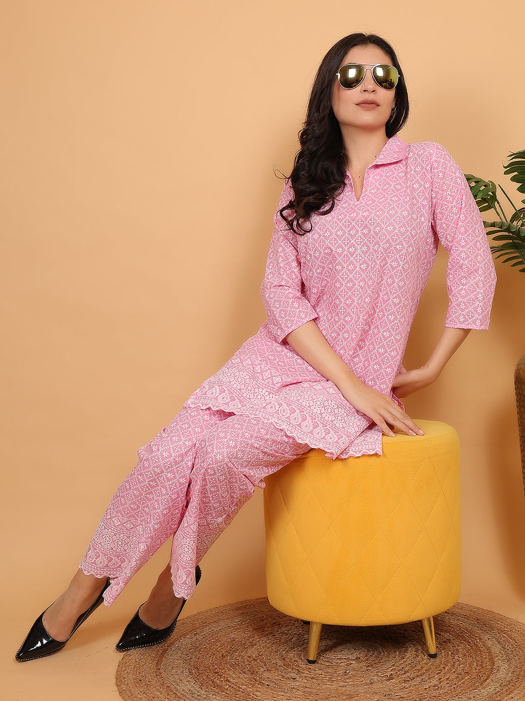 Pink Ethnic Chikan Embroidery Cotton Coord Set