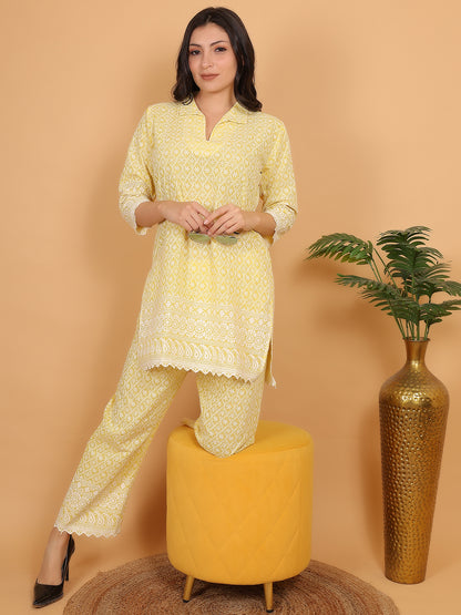 Trendzmy Yellow Ethnic Chikan Embroidery Cotton Coord Set