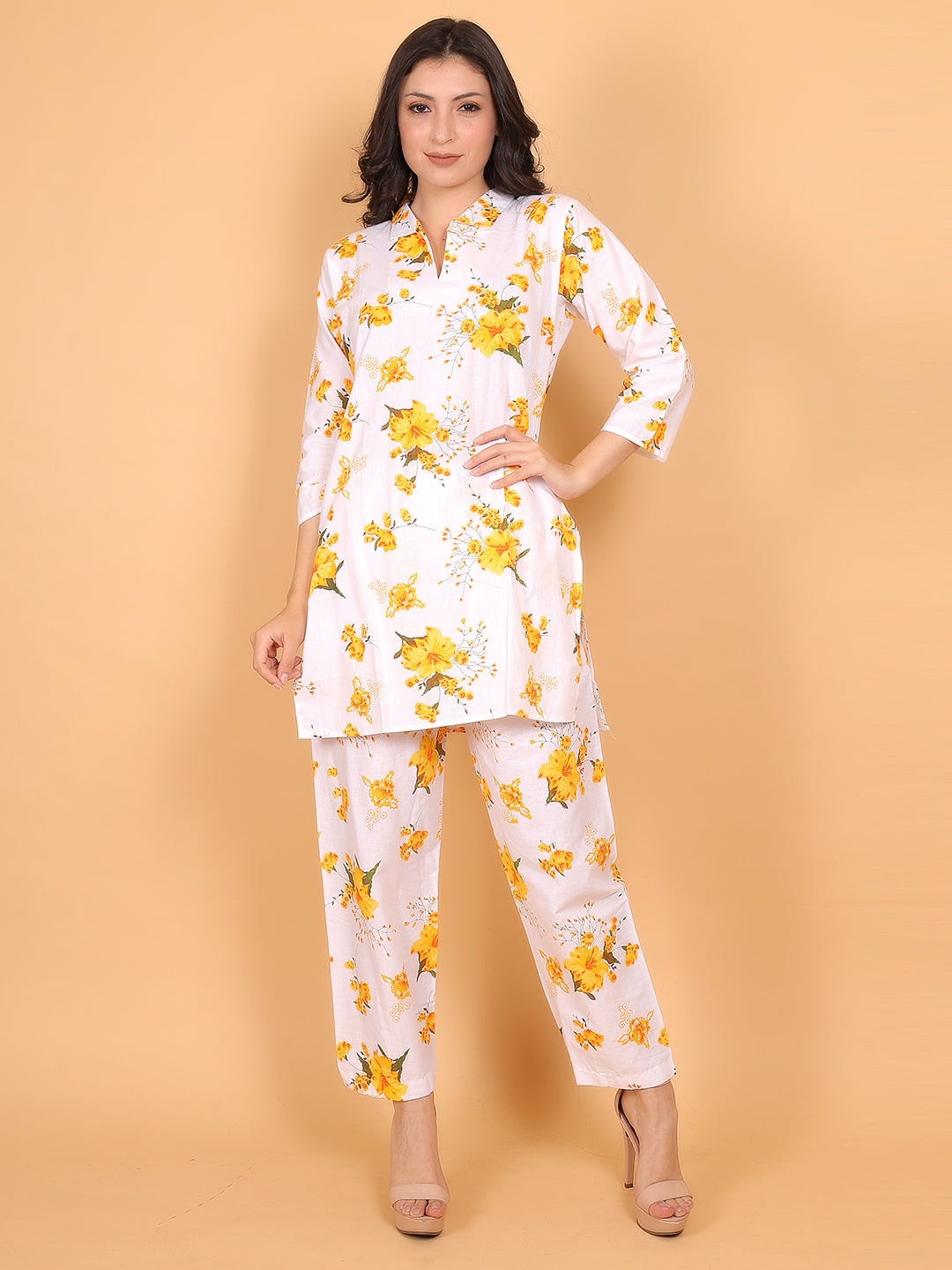 Women Yellow Floral Printed Cotton Coord Set with 3/4 Sleeves