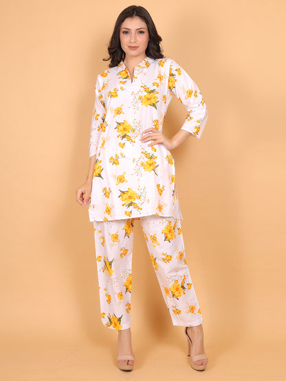 Trendzmy Women Yellow Floral Printed Cotton Coord Set with 3/4 Sleeves