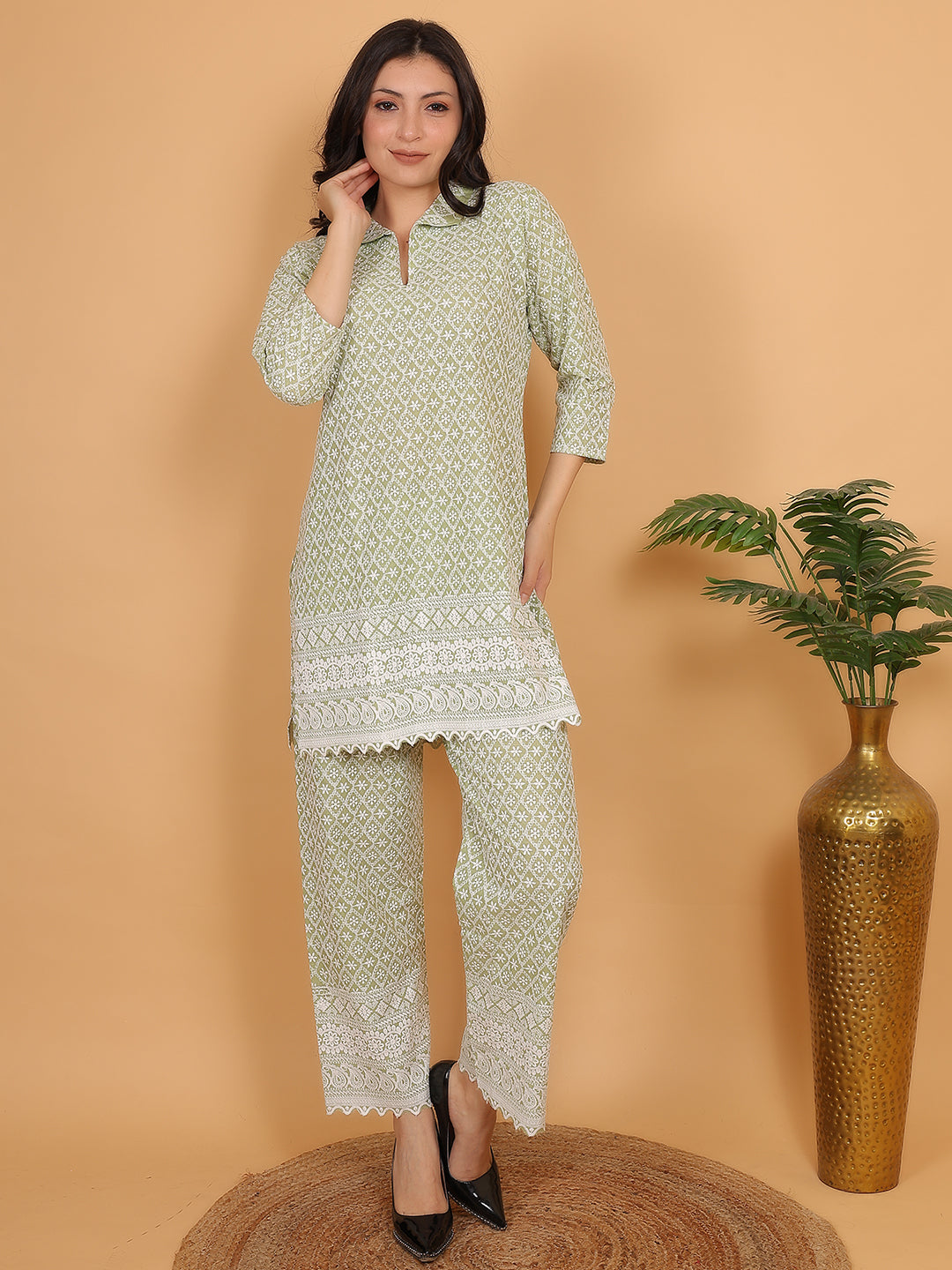 Pista Green Ethnic Chikan Embroidery Cotton Co-ord Set