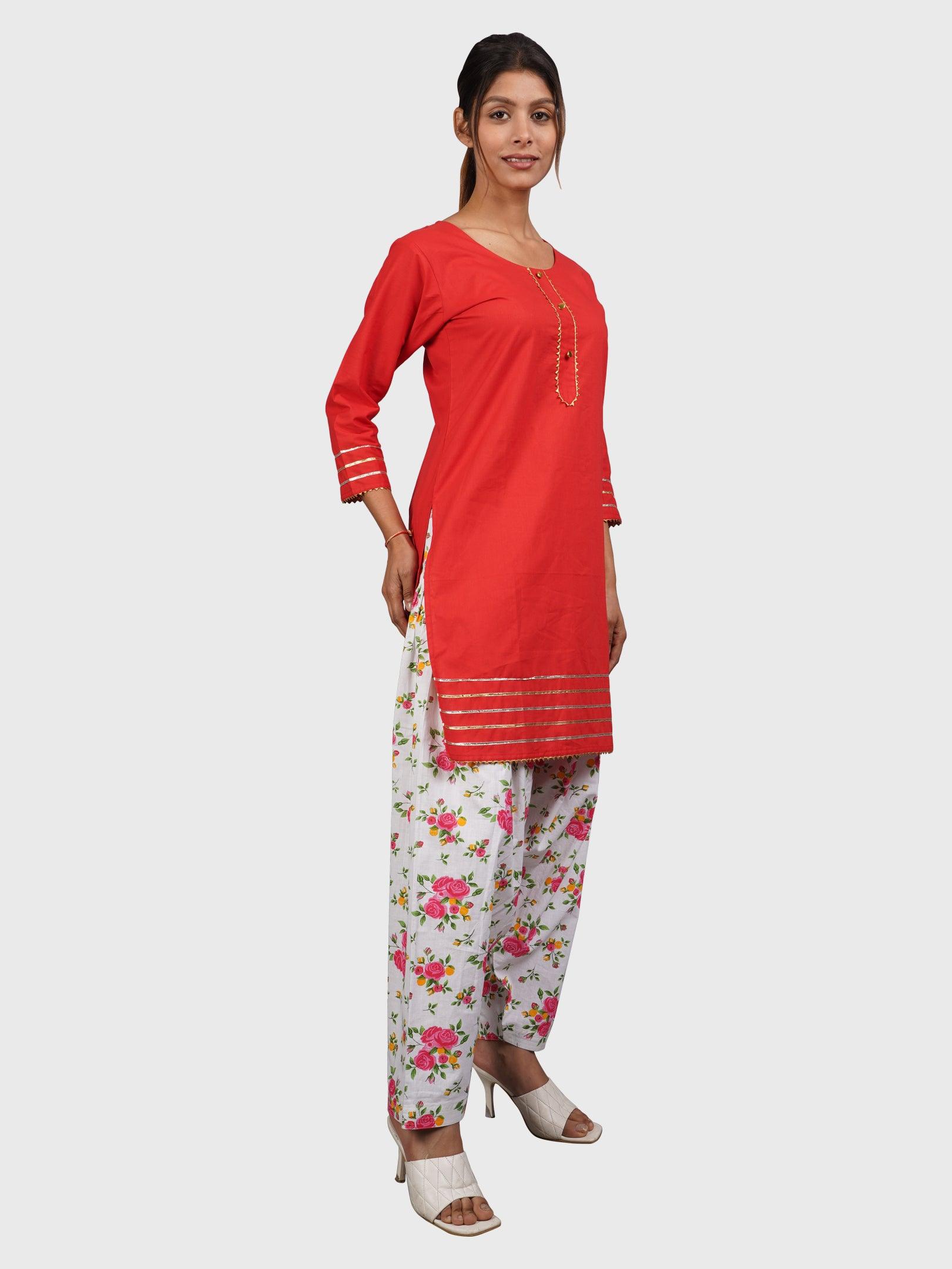 Women Plain Red Kurta with Printed Pink Salwar and Dupatta