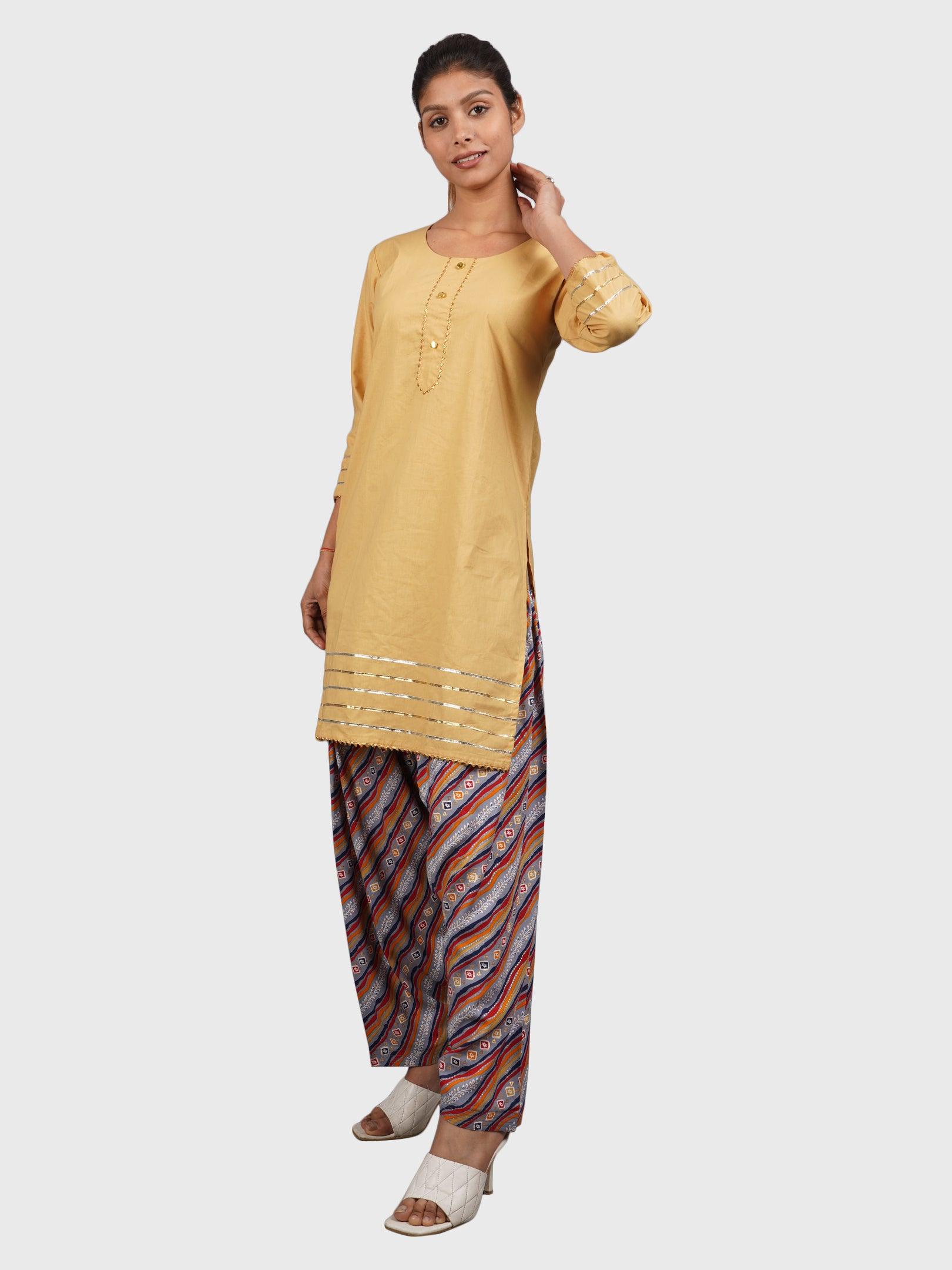 Women Plain Beige Kurta with Stripe Blue Salwar and Dupatta