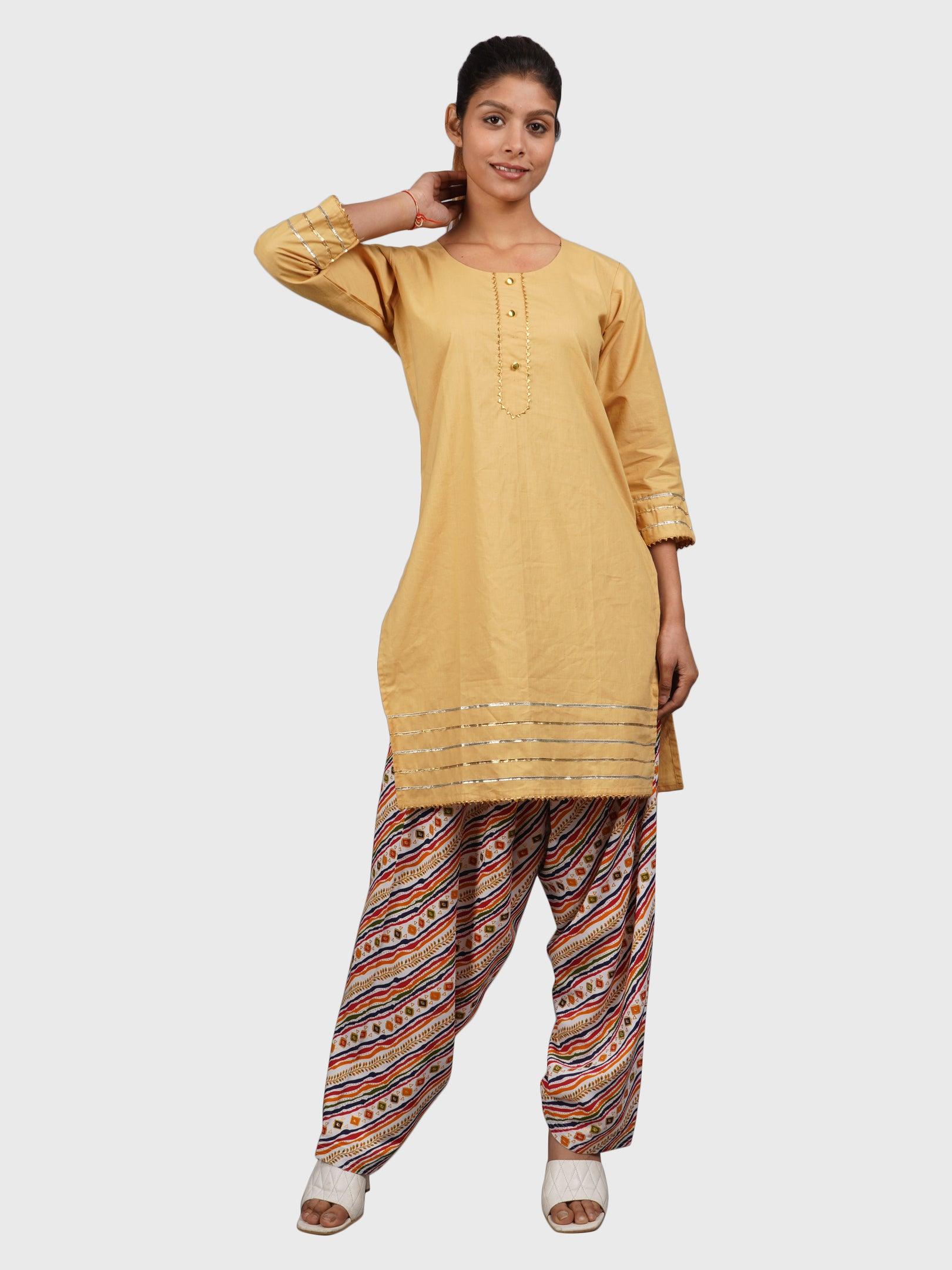 Women Plain Beige Kurta with Stripe Cream Salwar and Dupatta