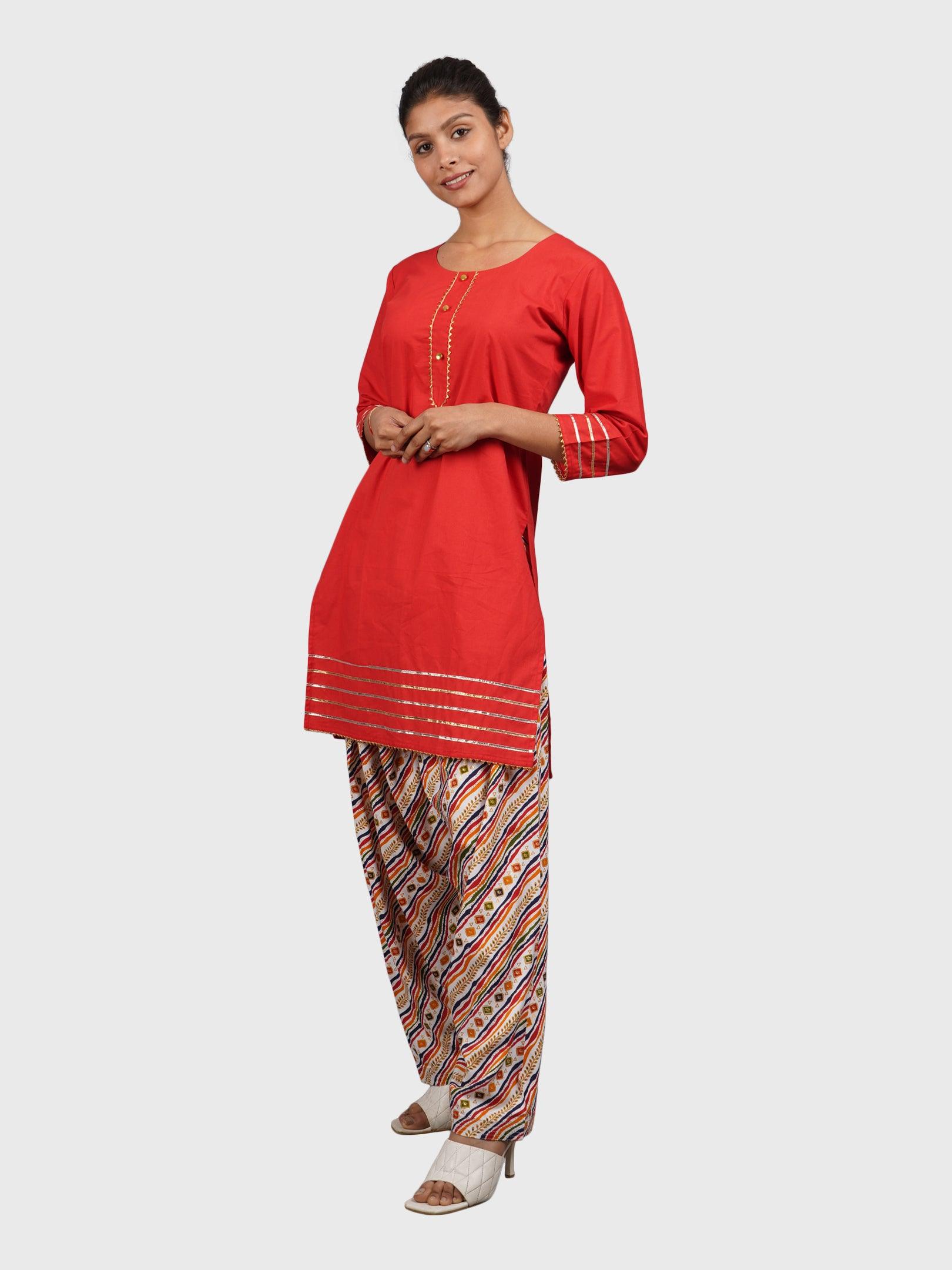 Women Plain Red Kurta with Stripe Cream Salwar and Dupatta