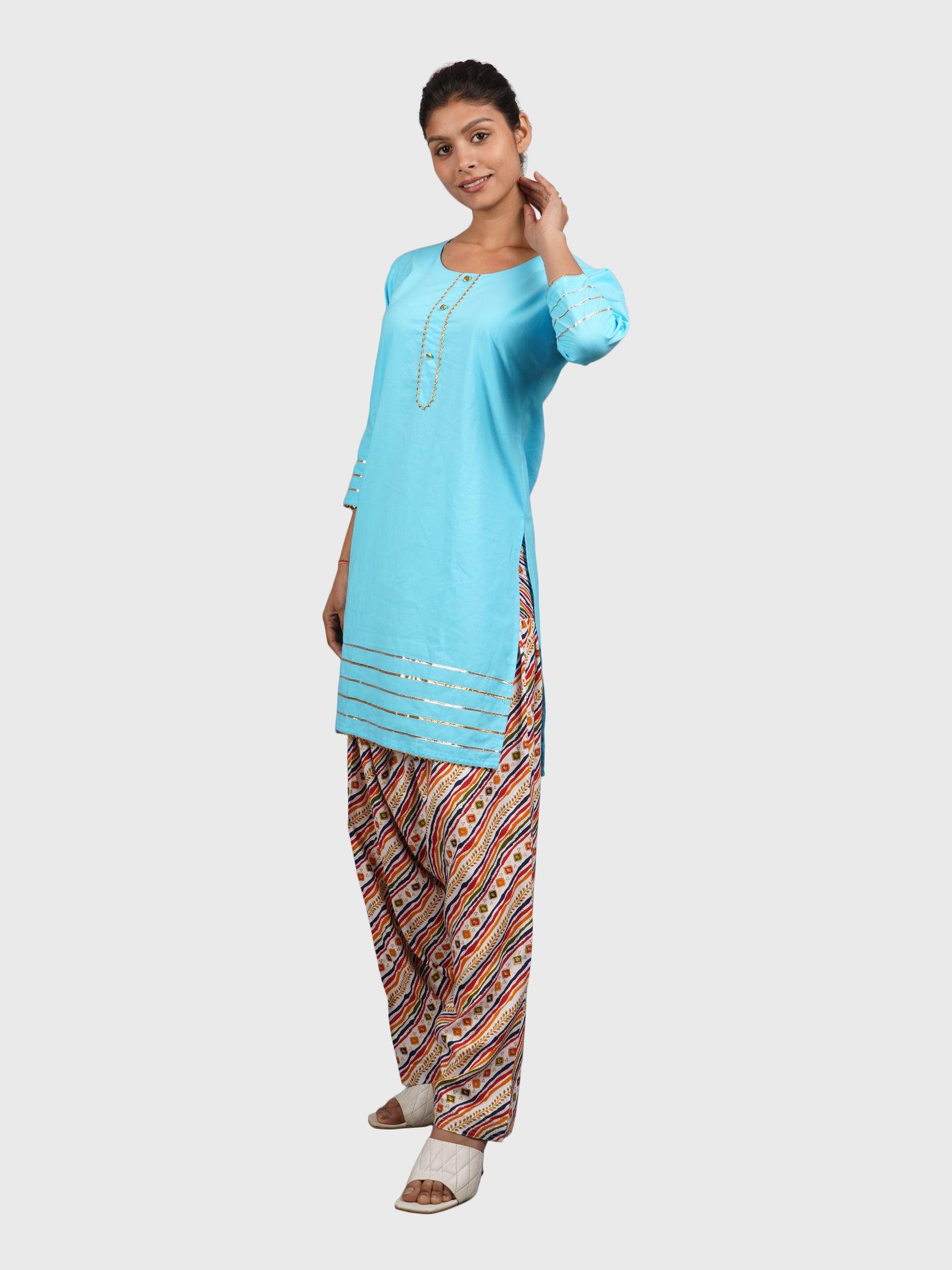 Women Plain Sky Kurta with Stripe Cream Salwar and Dupatta