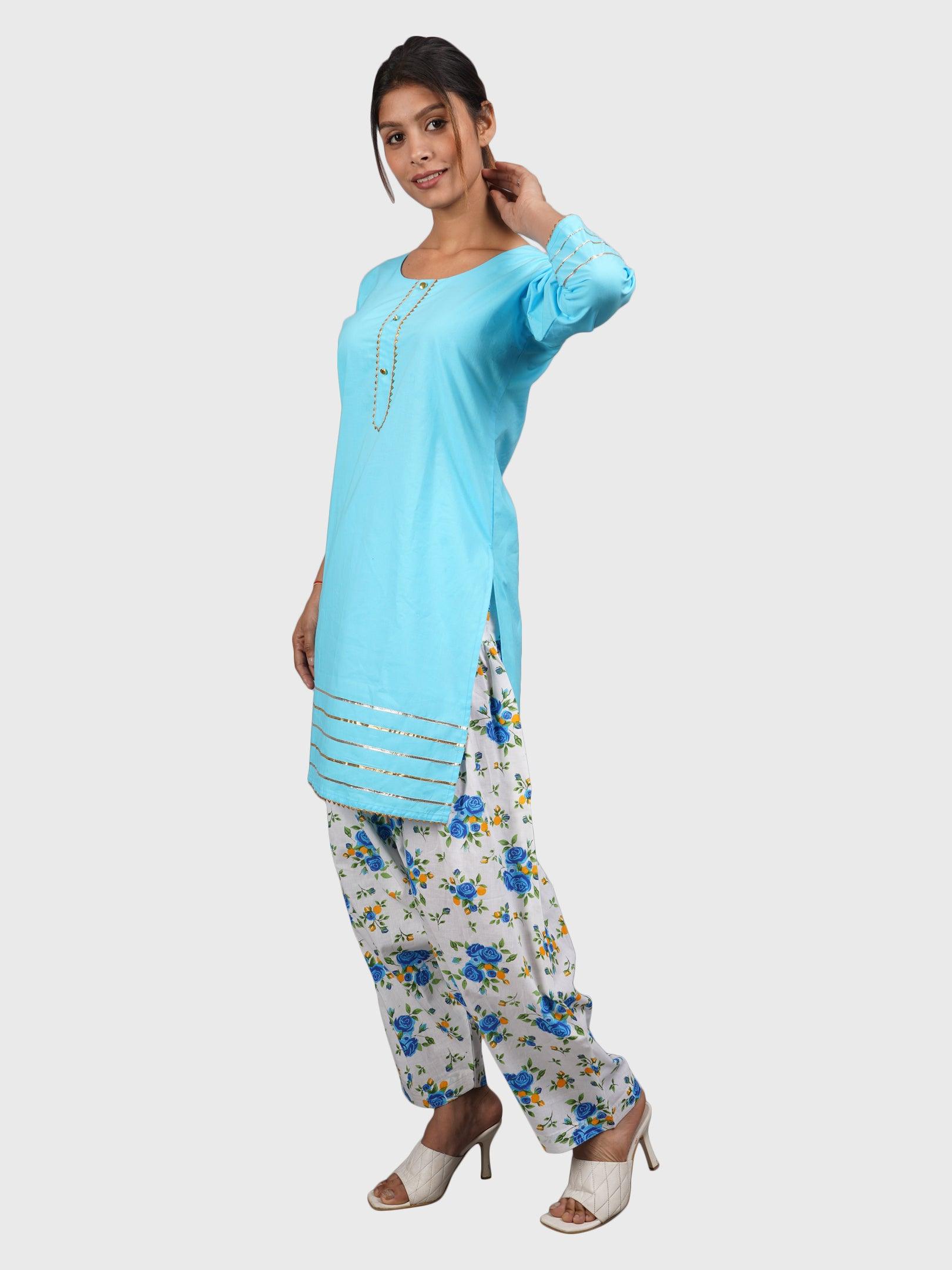 Women Plain Sky Blue Kurta with Printed Salwar and Dupatta