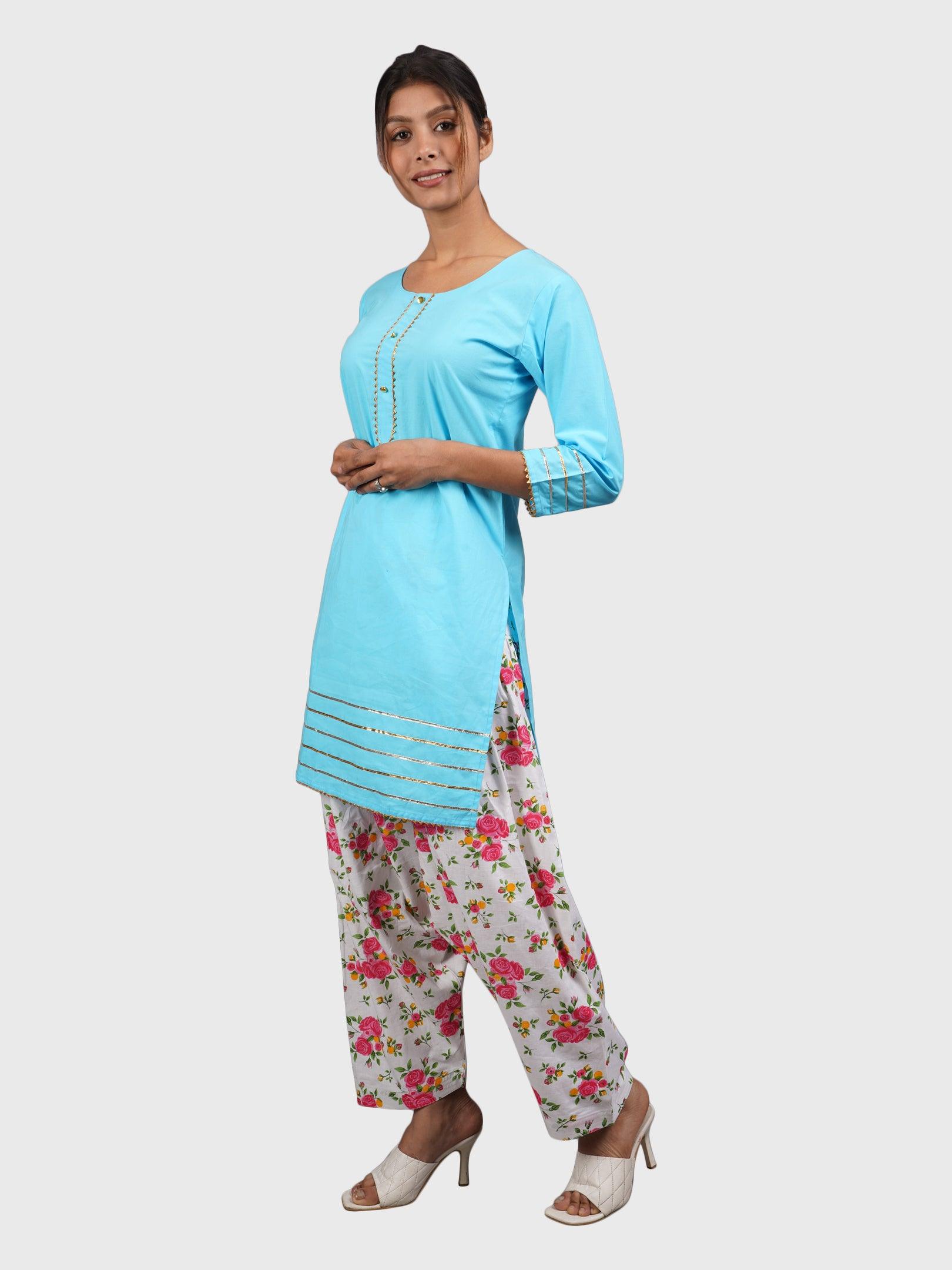 Women Plain Sky Blue Kurta with Printed Pink Salwar and Dupatta