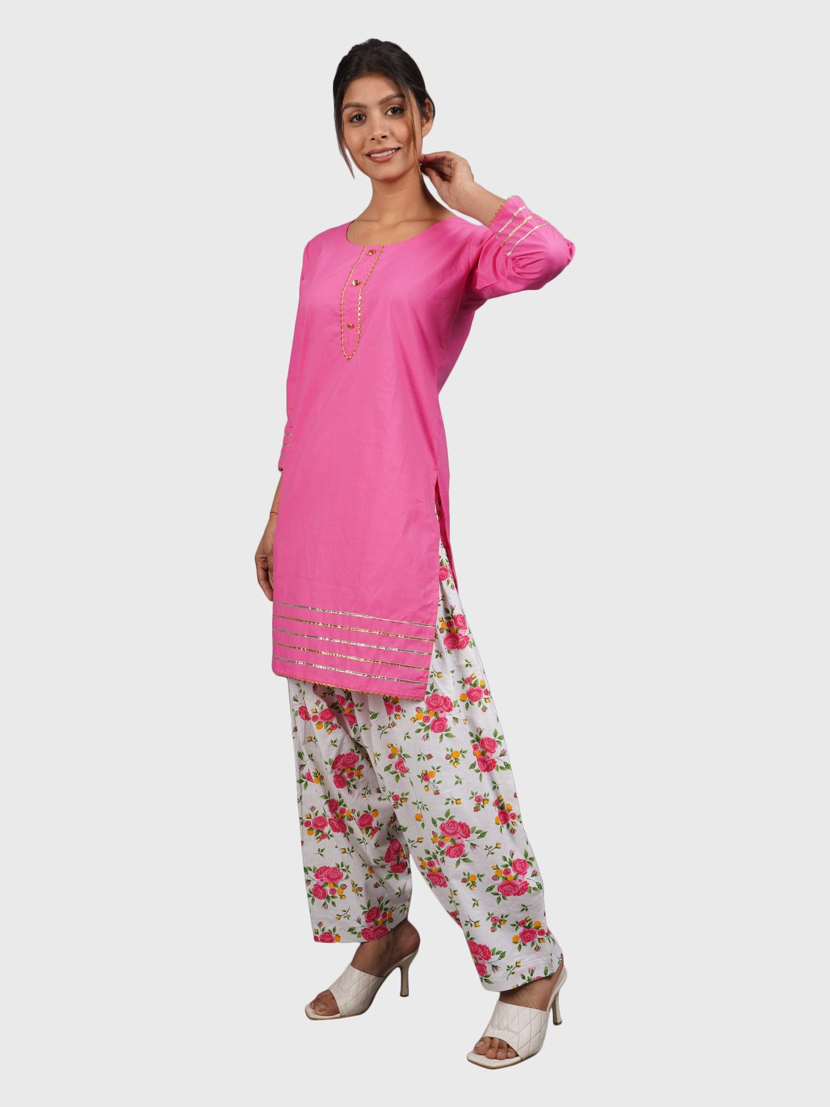 Women Plain Pink Kurta with Printed Salwar and Dupatta