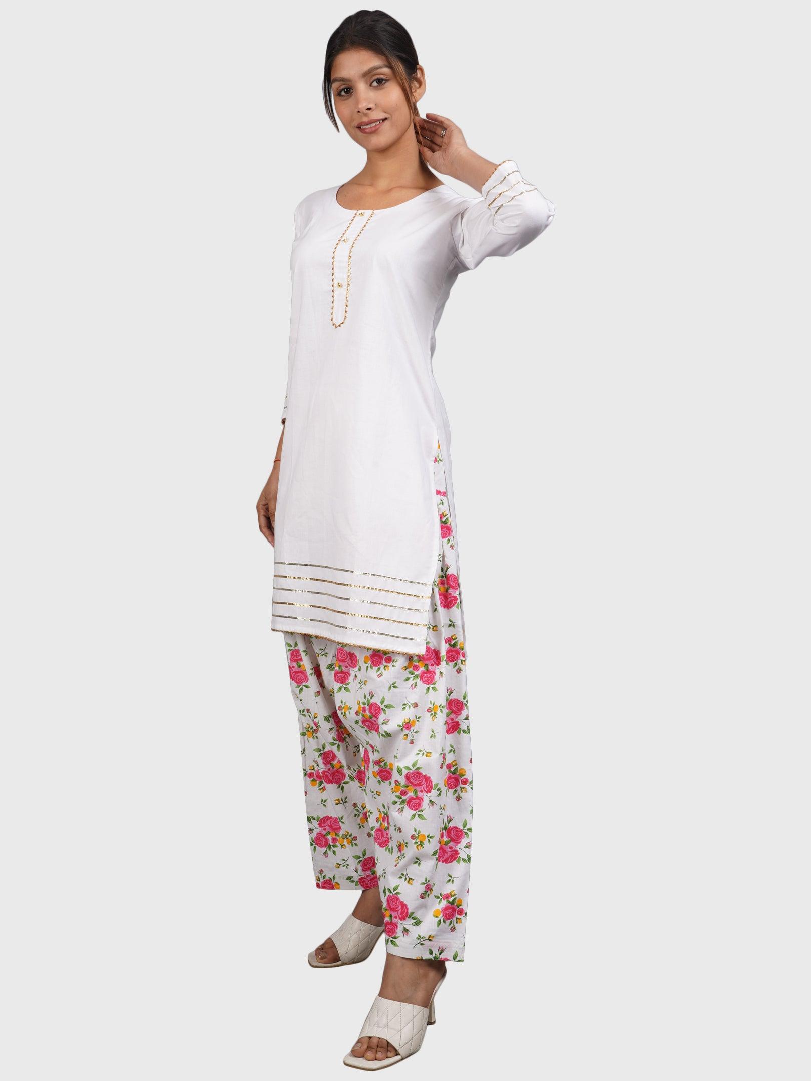 Women Plain White Kurta with Printed Pink Salwar and Dupatta