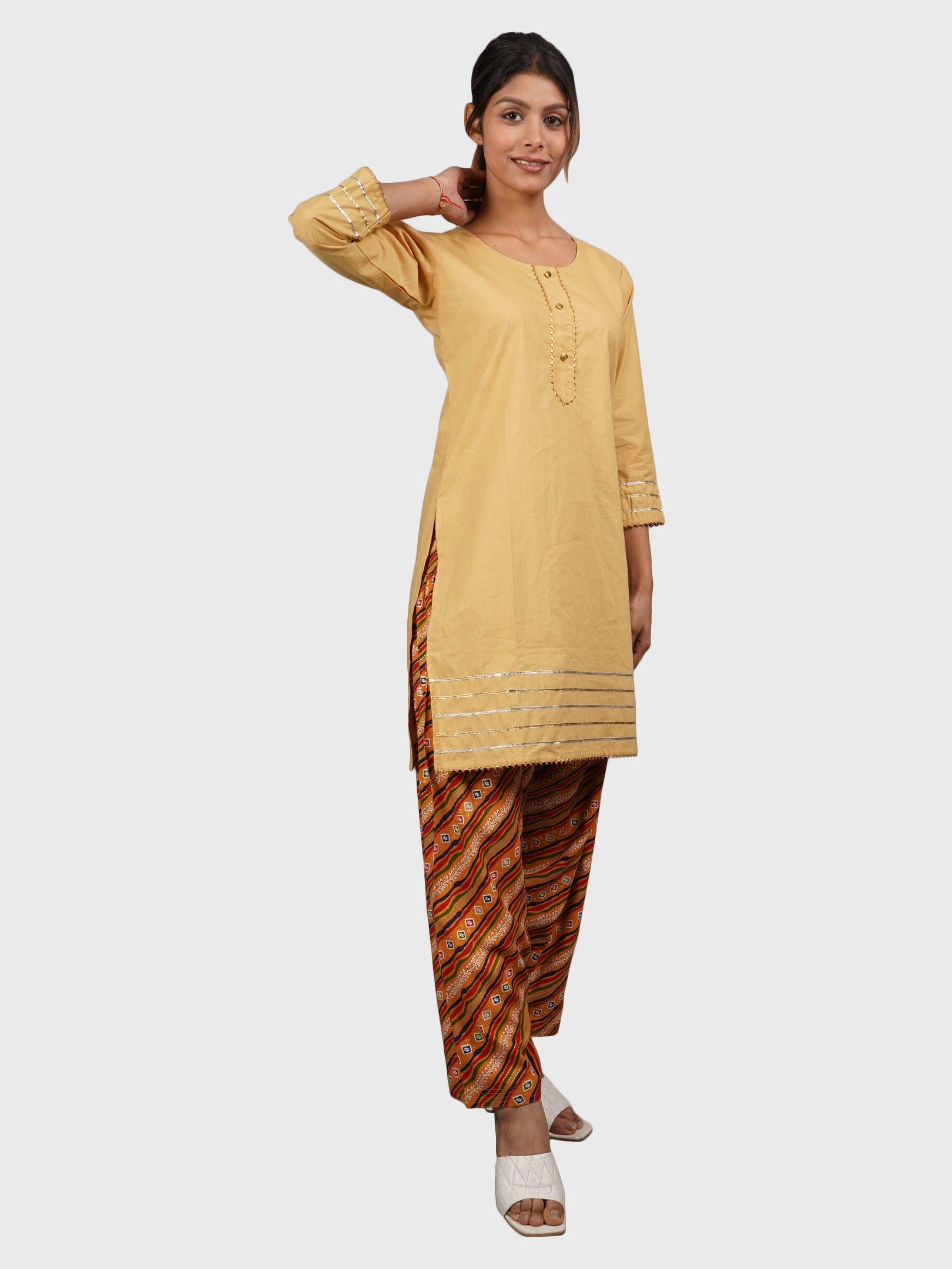 Women Plain Beige Kurta with Stripe Orange Salwar and Dupatta