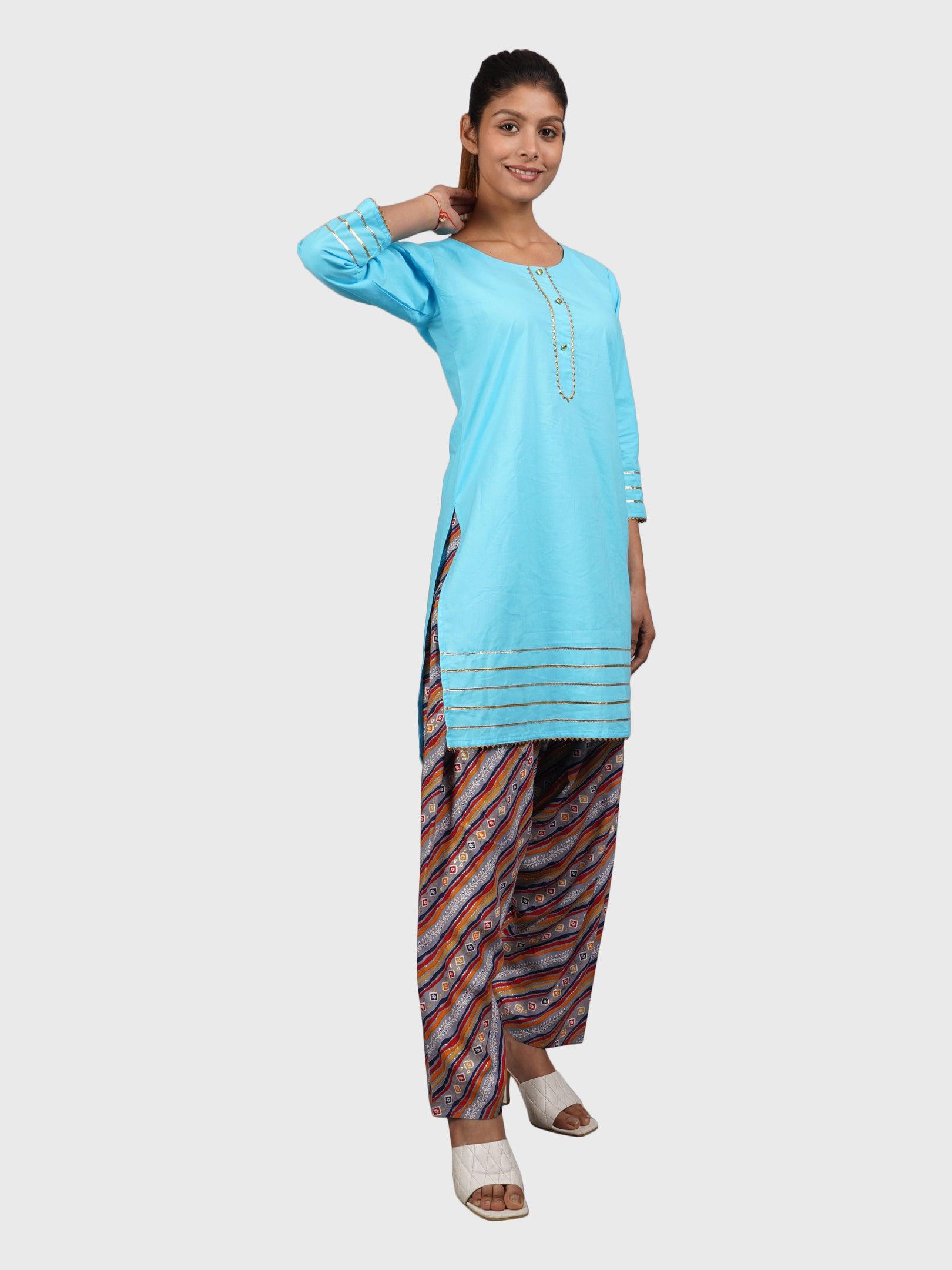 Women Plain Sky Kurta with Stripe Blue Salwar and Dupatta