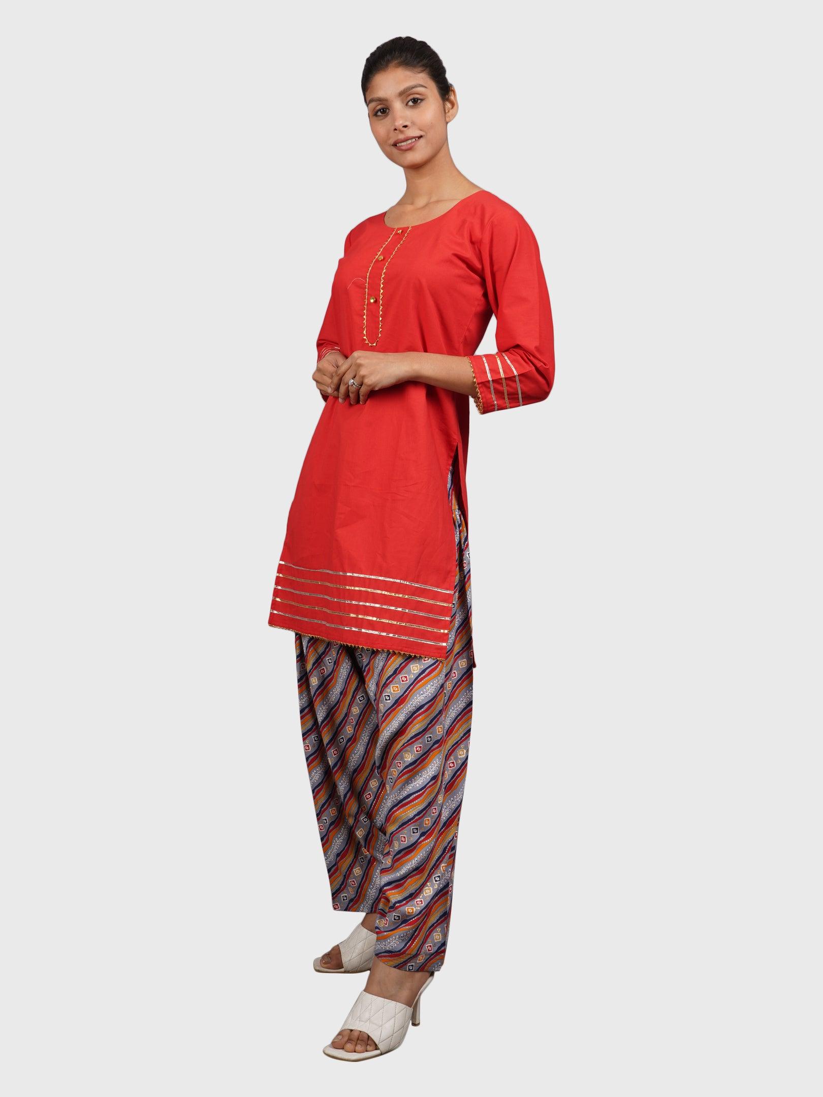 Women Plain Red Kurta with Stripe Blue Salwar and Dupatta