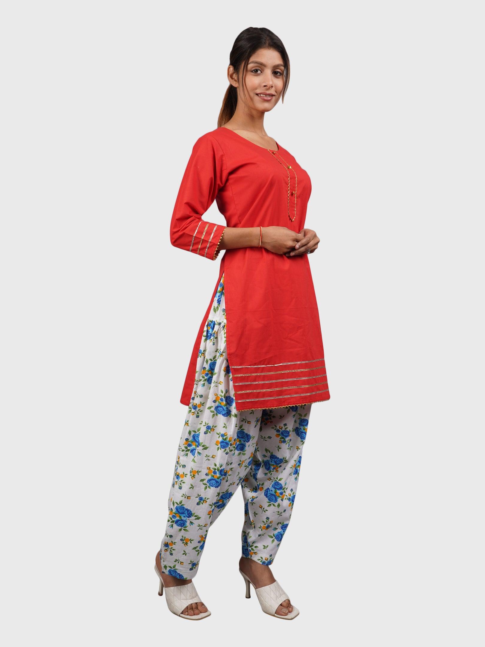 Women Plain Red Kurta with Printed Sky Blue Salwar and Dupatta
