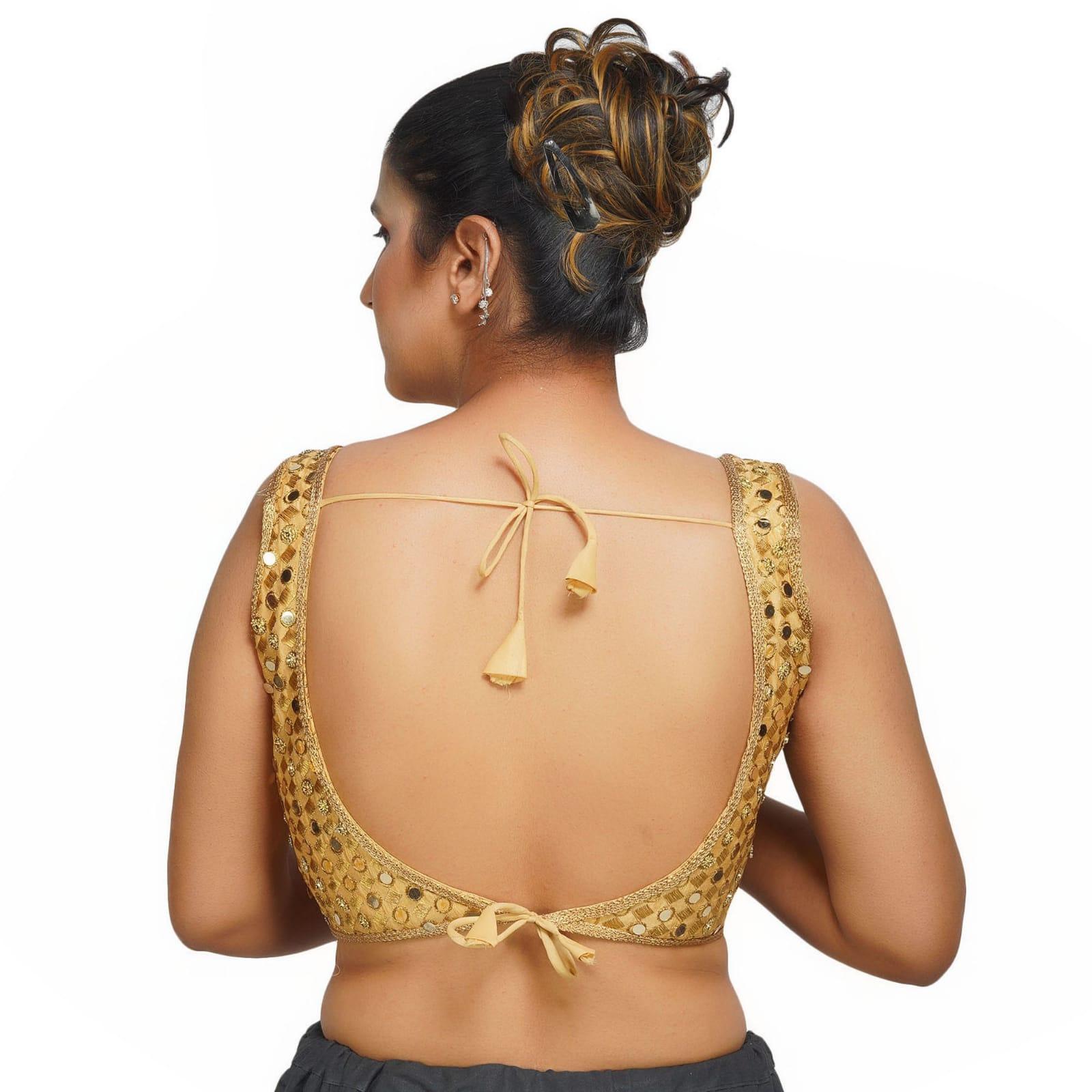 Sweetheart Neck Back Less Mirror Embroidery Golden Women Blouse