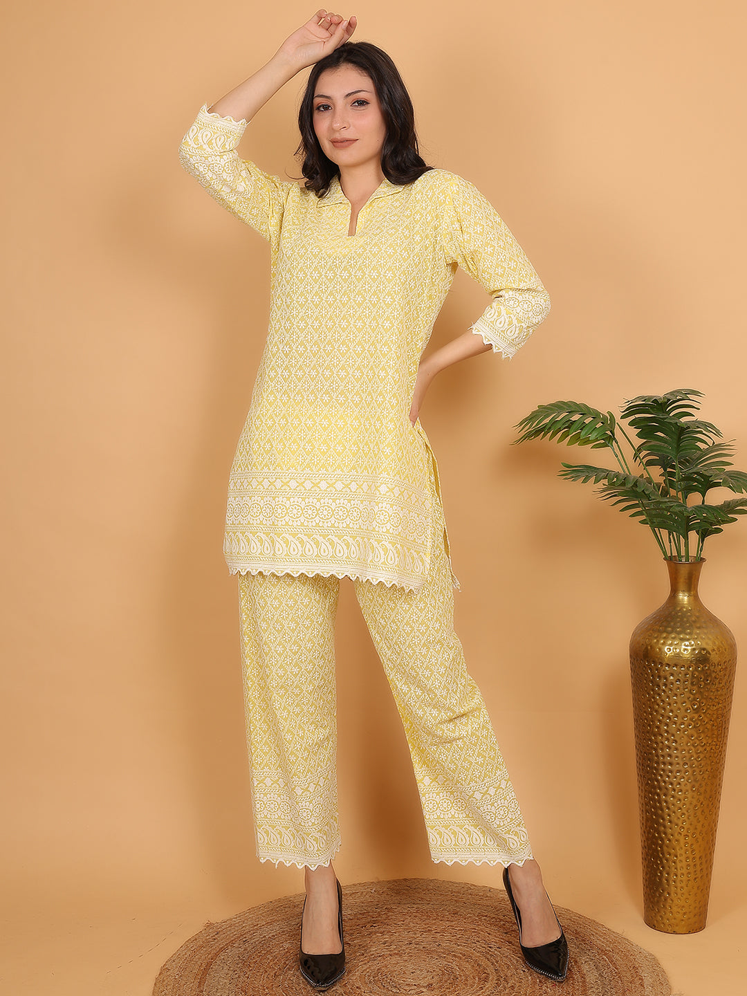 Trendzmy Yellow Ethnic Chikan Embroidery Cotton Coord Set