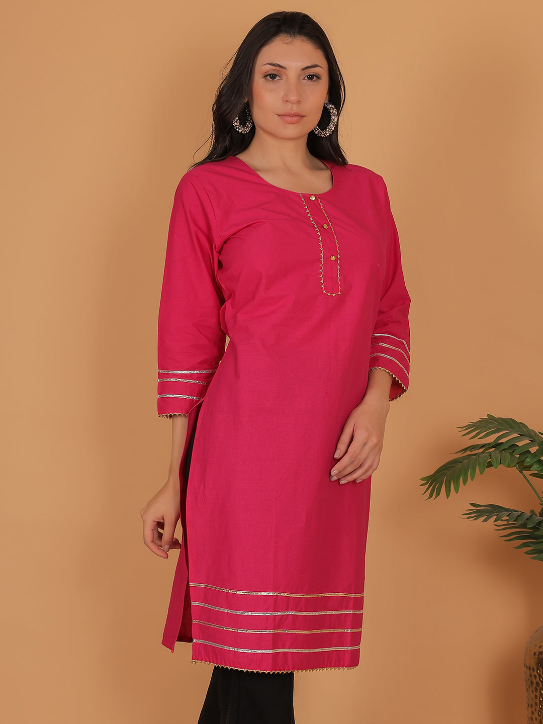 Women Pink Cotton Straight Kurti with Golden Detailing