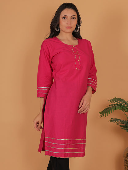 Trendzmy Women Pink Cotton Straight Kurti with Golden Detailing