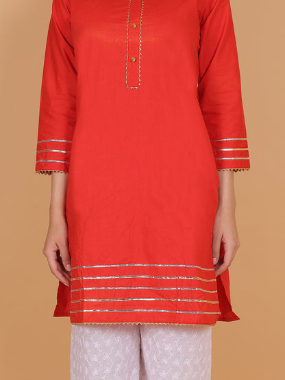 Trendzmy Women Elegant Red Cotton Kurti & White Embroidered Palazzo Set
