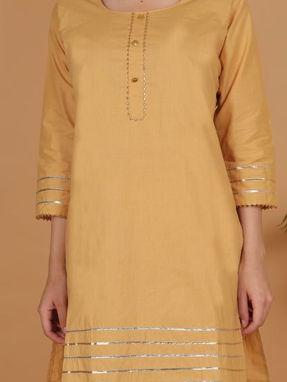 Trendzmy Women Elegant Beige Cotton Kurti & White Embroidered Palazzo Set