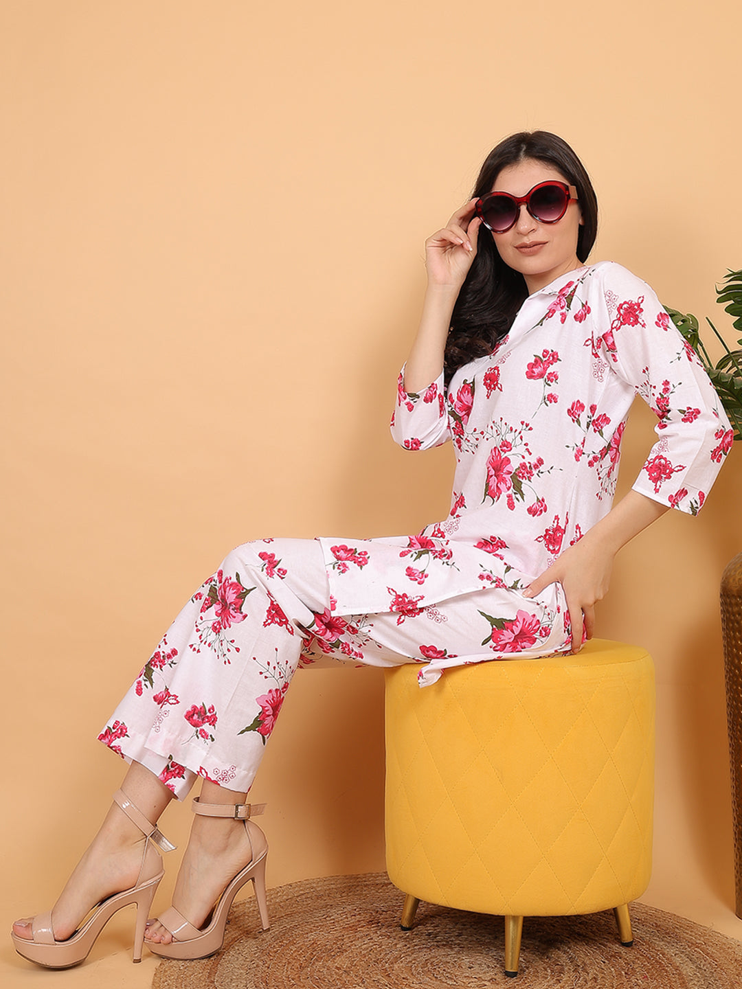 Women Red Floral Printed Cotton Coord Set with 3/4 Sleeves
