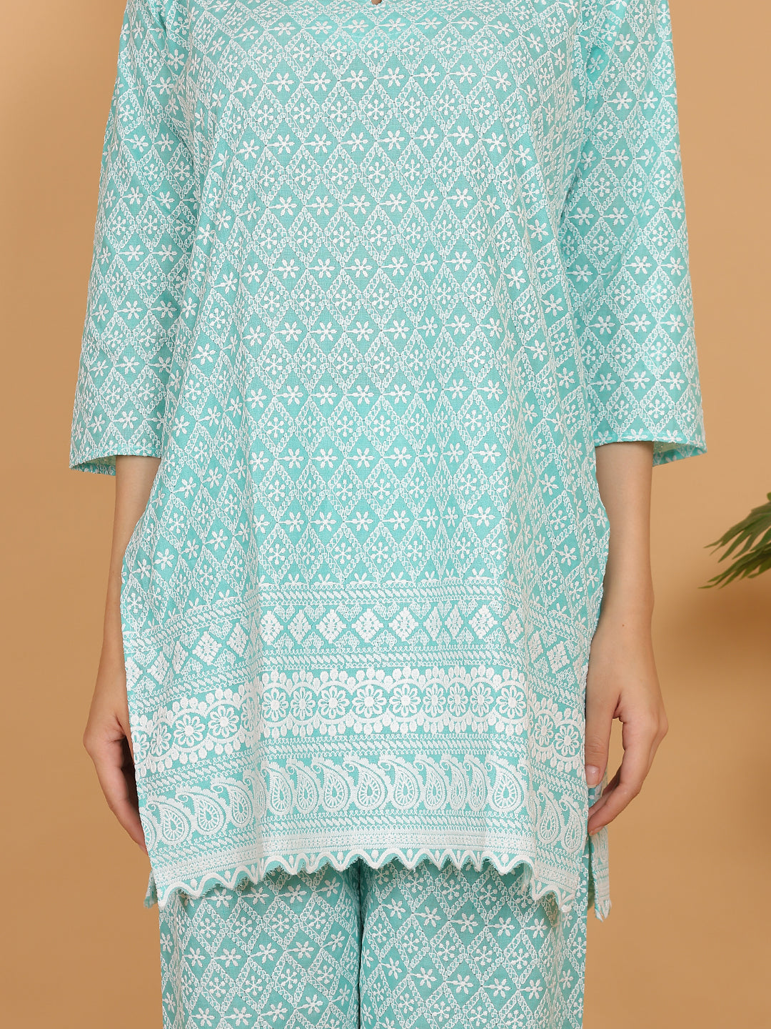 Aqua Green Ethnic Chikan embroidery Cotton Co-ord Set