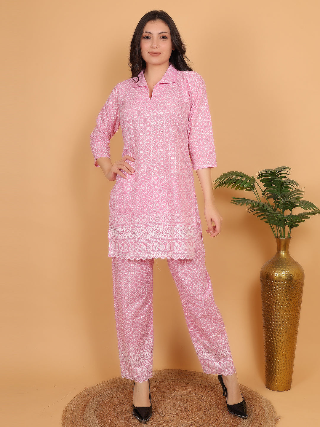 Pink Ethnic Chikan Embroidery Cotton Coord Set