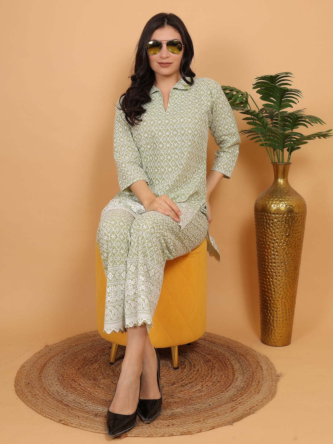 Pista Green Ethnic Chikan Embroidery Cotton Co-ord Set