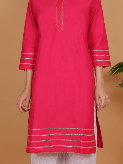Women Elegant Rani Pink Cotton Kurti & White Embroidered Palazzo Set
