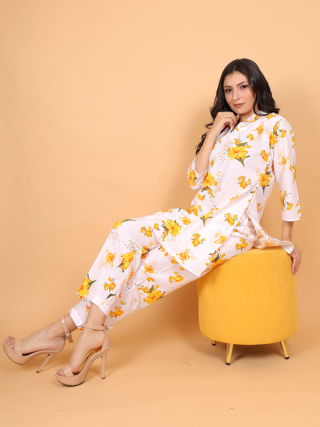 Women Yellow Floral Printed Cotton Coord Set with 3/4 Sleeves