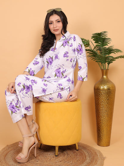 Trendzmy Women Purple Floral Printed Cotton Coord Set with 3/4 Sleeves