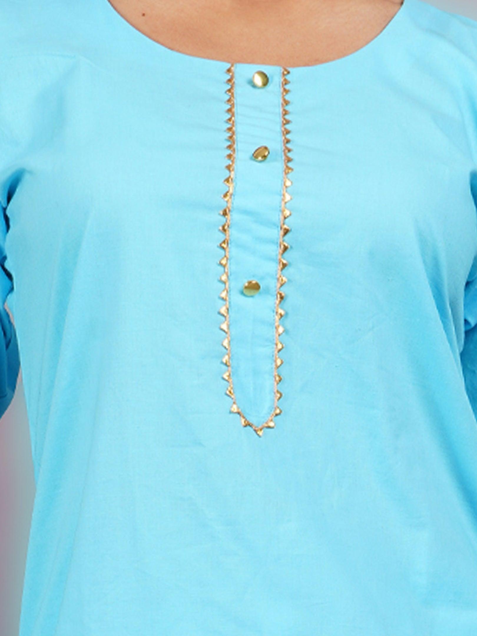 Women Plain Sky Blue Kurta with Printed Salwar and Dupatta