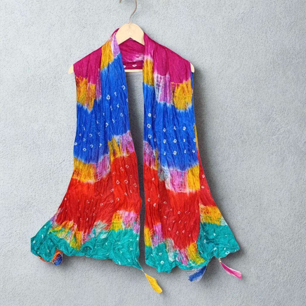 Women’s Vibrant Multi-Color Bandhani Print Silk Blend Dupatta with Tassel Border