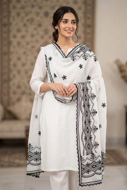 Women Classic White Pure Cotton Embroidered Dupatta – 2 Meter