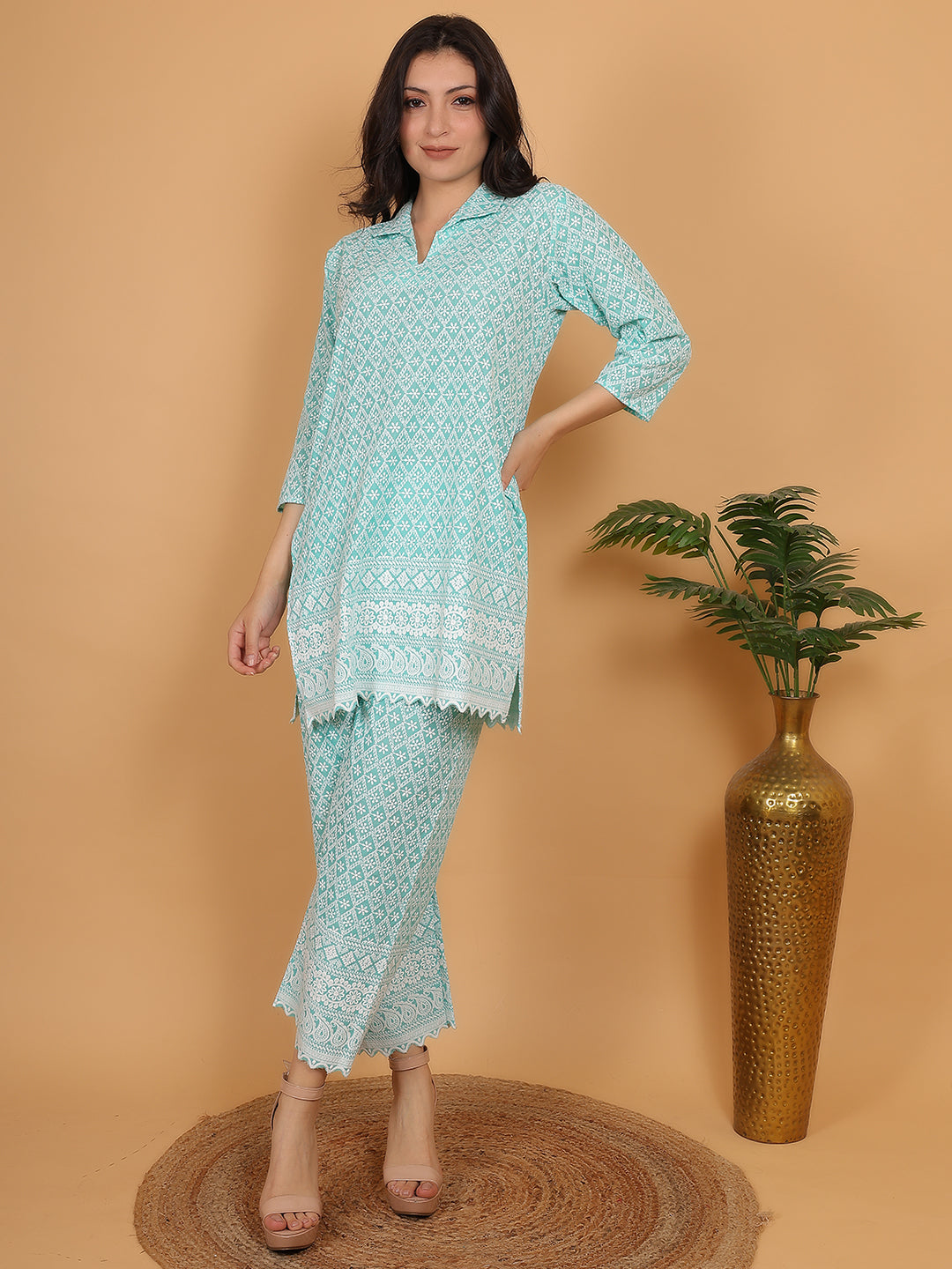 Aqua Green Ethnic Chikan embroidery Cotton Co-ord Set