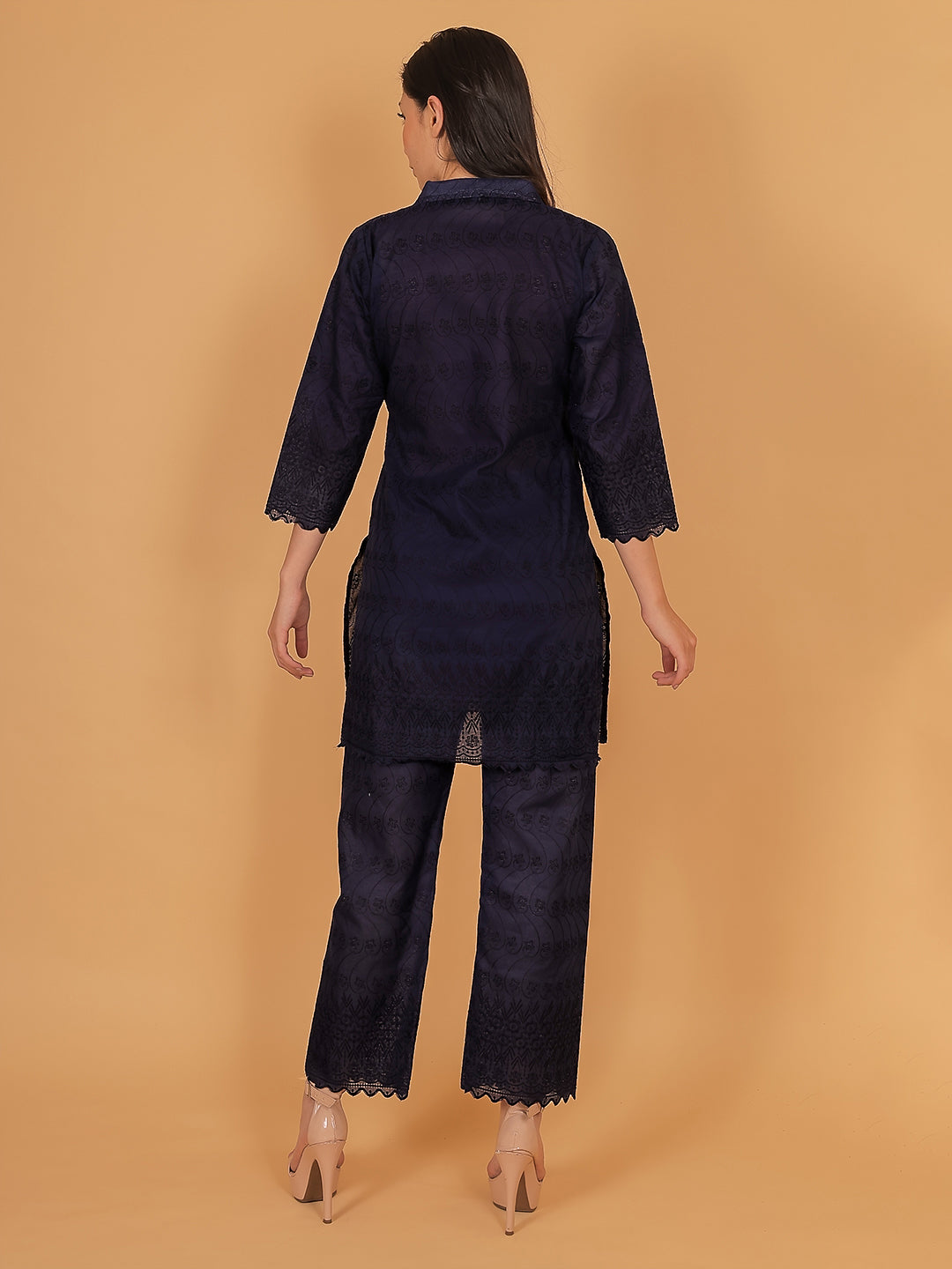 Navy Blue Ethnic Chikan Embroidery Cotton Coord Set
