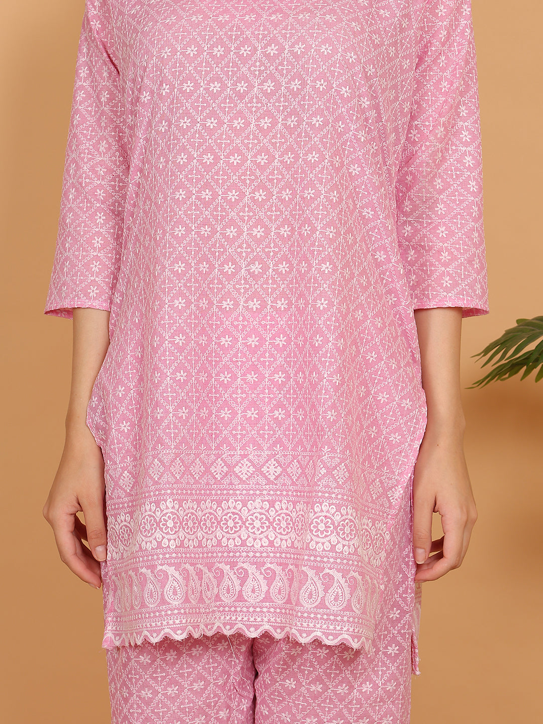 Pink Ethnic Chikan Embroidery Cotton Coord Set