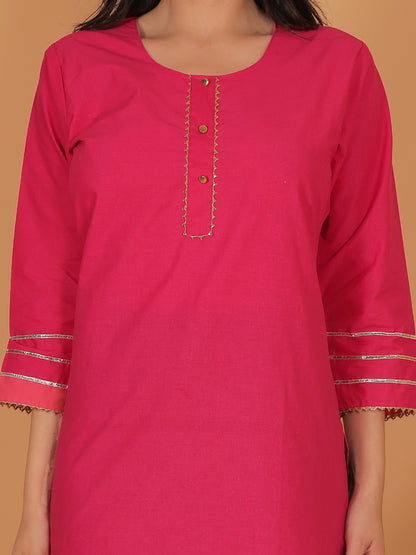 Trendzmy Women Pink Cotton Straight Kurti with Golden Detailing