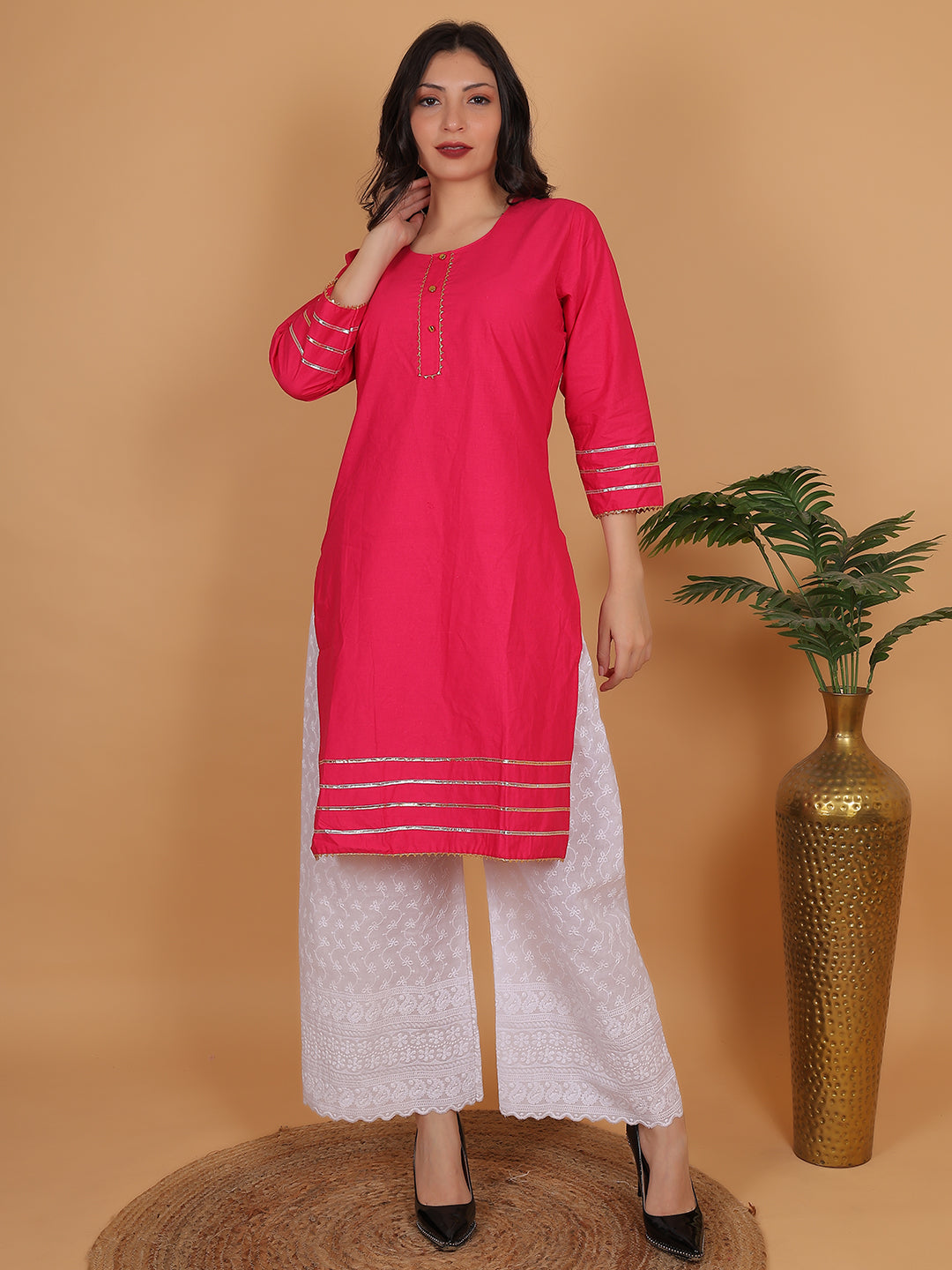 Women Elegant Rani Pink Cotton Kurti & White Embroidered Palazzo Set 3XL