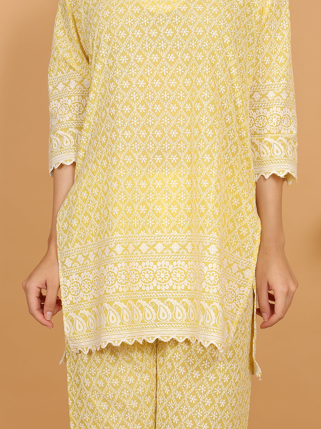 Trendzmy Yellow Ethnic Chikan Embroidery Cotton Coord Set