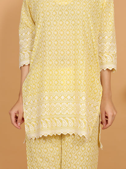 Trendzmy Yellow Ethnic Chikan Embroidery Cotton Coord Set