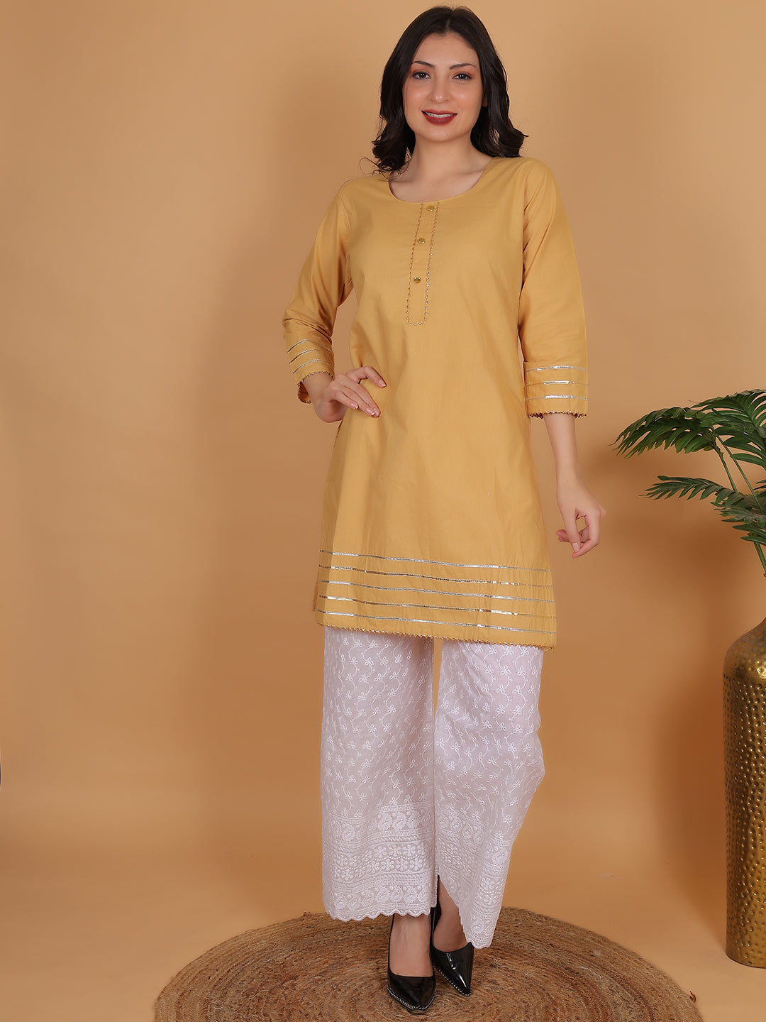 Women Elegant Beige Cotton Kurti & White Embroidered Palazzo Set