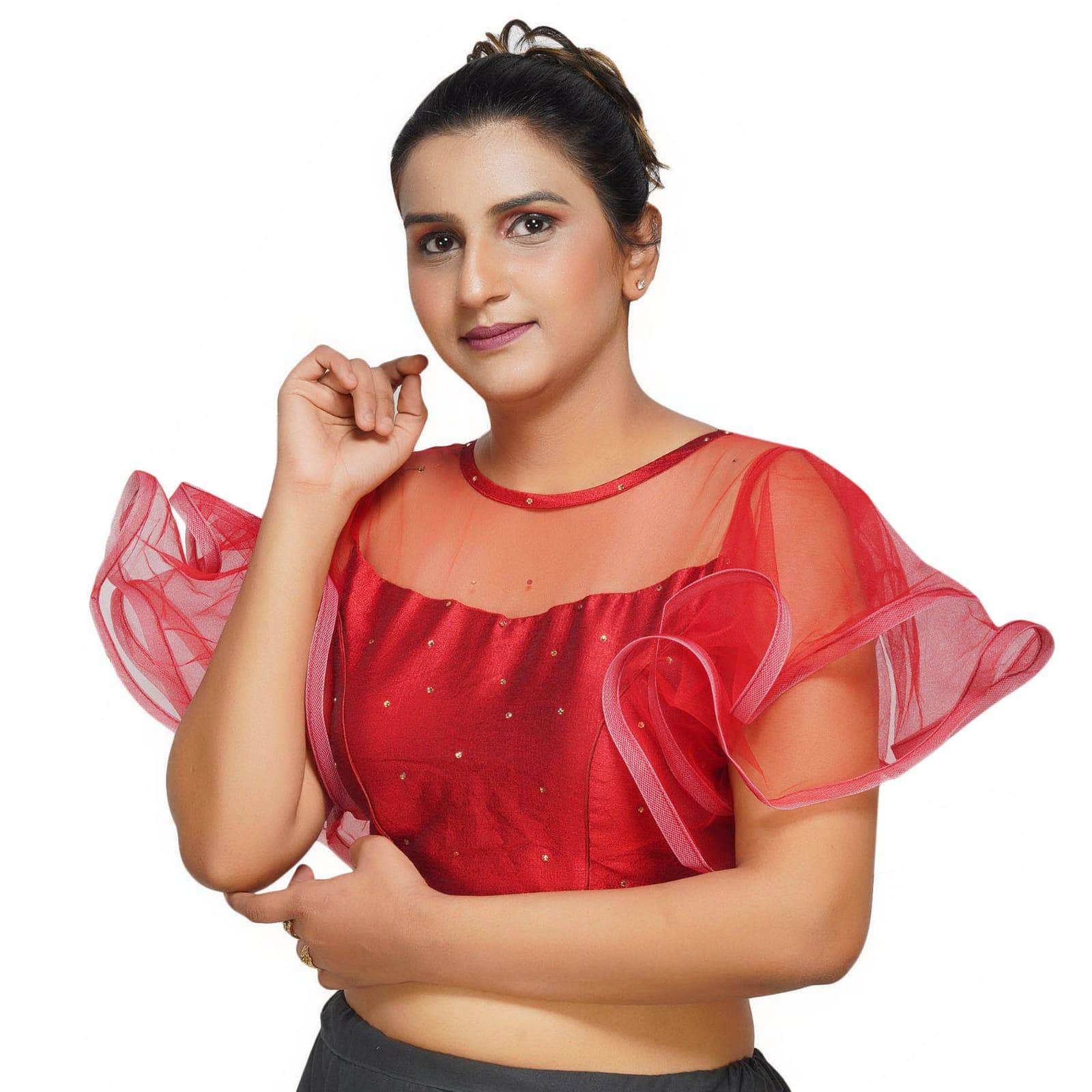 Boat Neck Frill Shoulder Dark Red Women Blouse