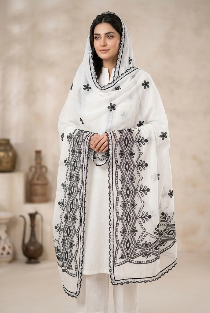 Women Classic White Pure Cotton Embroidered Dupatta – 2 Meter
